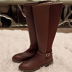 New Steve Madden Georgi Dark Brown Leather Boots With Buckle Accents SZ 8